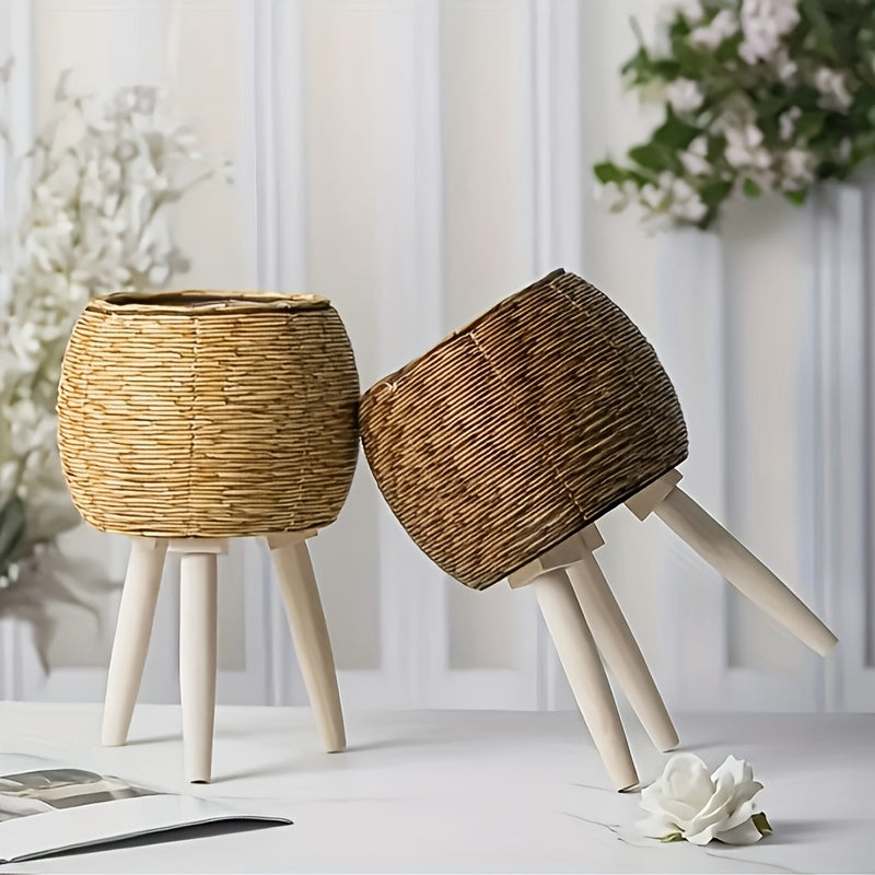 Nutshell round flower pot with wooden tripod featuring a natural woven design and stylish legs