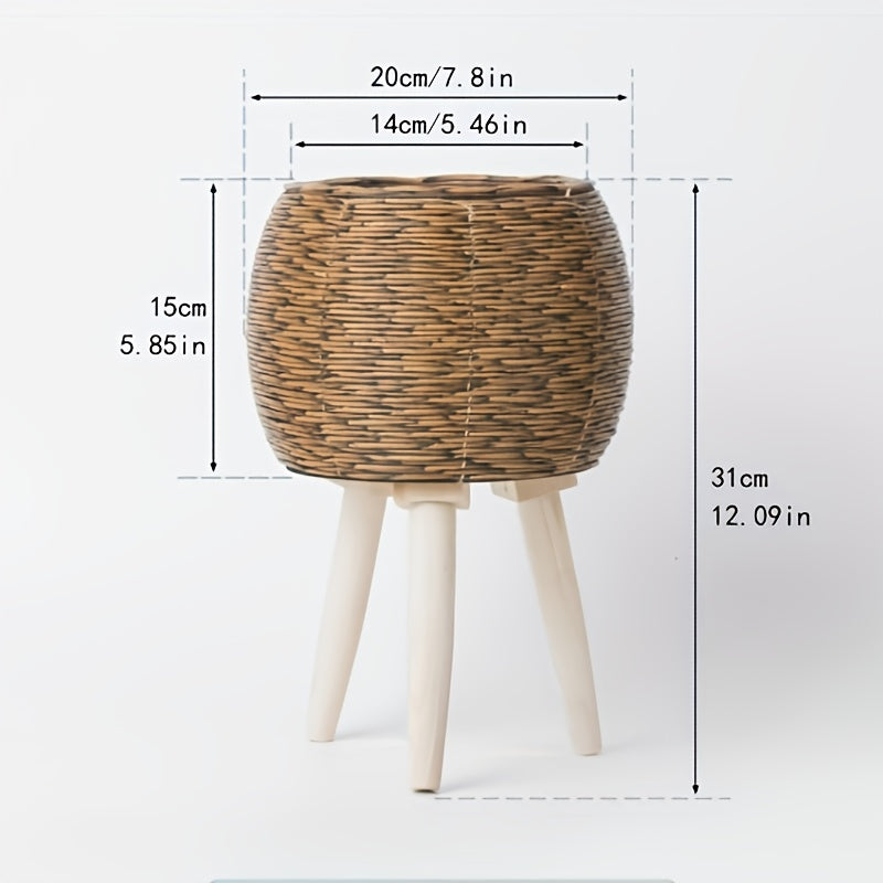 Round flower pot with wooden tripod designed for modern home decor and plant display