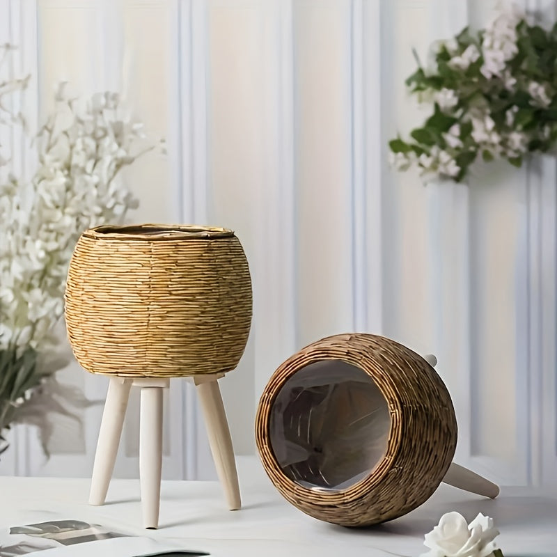 Round flower pot with wooden tripod in natural woven design perfect for stylish home decor