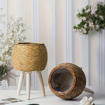 Round flower pot with wooden tripod in natural woven design perfect for stylish home decor