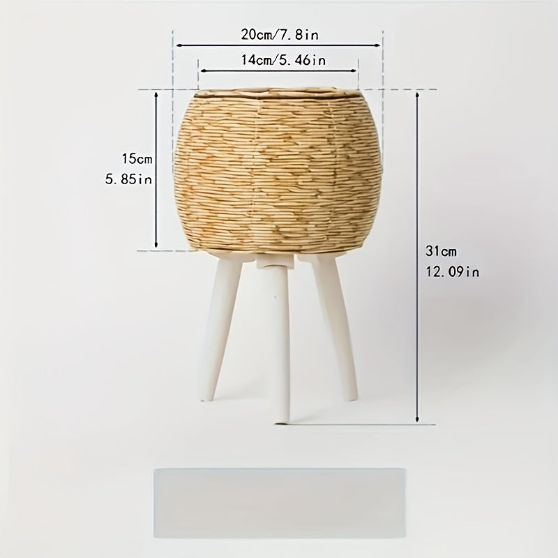 Round flower pot with wooden tripod in natural color, perfect for indoor plants and home decor