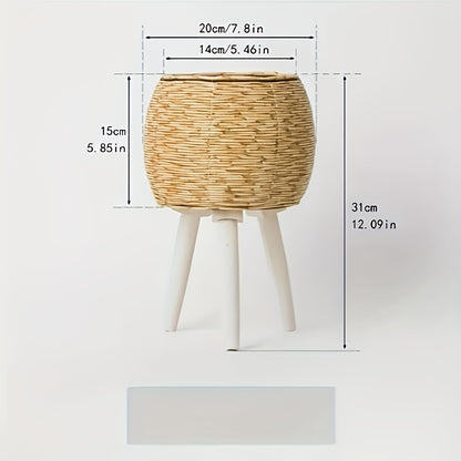 Round flower pot with wooden tripod in natural color, perfect for indoor plants and home decor