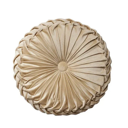 Nutshell beige round pumpkin pillow cushion with pleated fabric design and button center