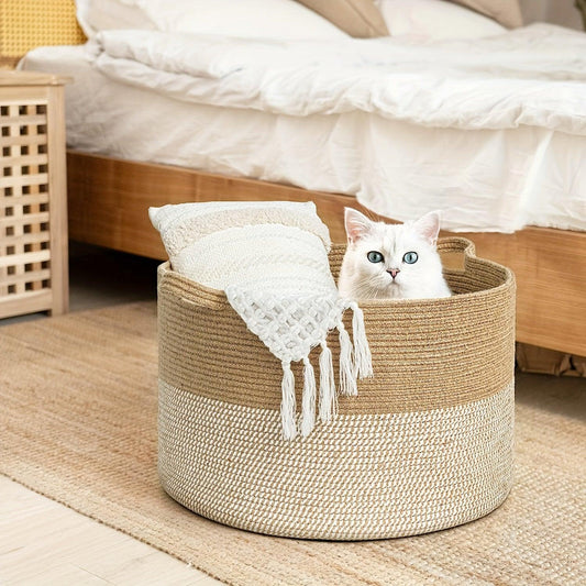 Round Rope Storage Basket with Soft Cotton Handles for Organized Living and Stylish Decor