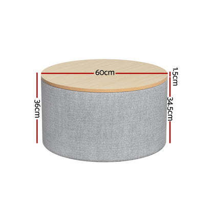 Nutshell round storage ottoman with grey fabric body and wooden top measuring 60cm diameter