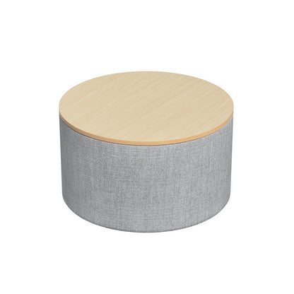 Nutshell round storage ottoman with gray fabric base and light wood top for living room