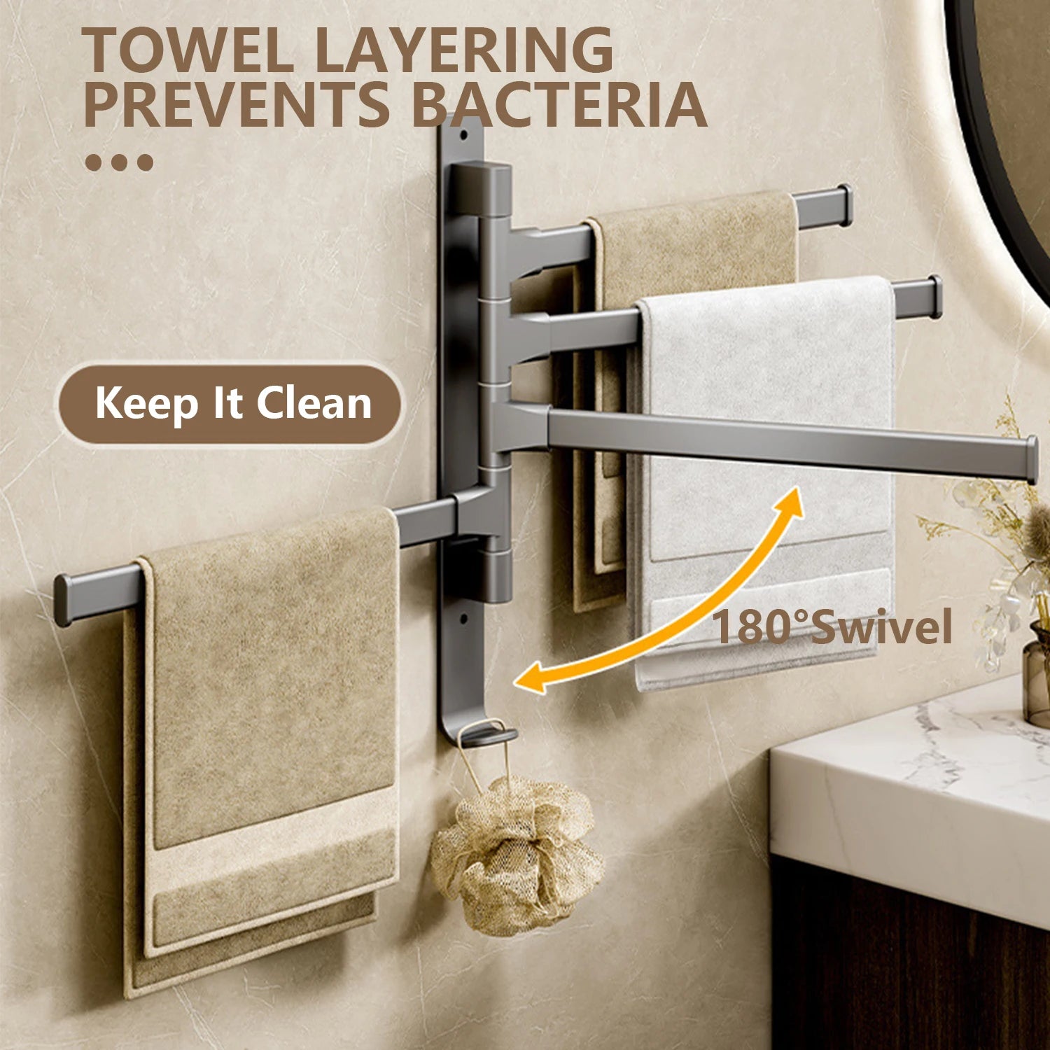 Rotatable bathroom towel rack with 180 swivel feature to keep towels clean and organized
