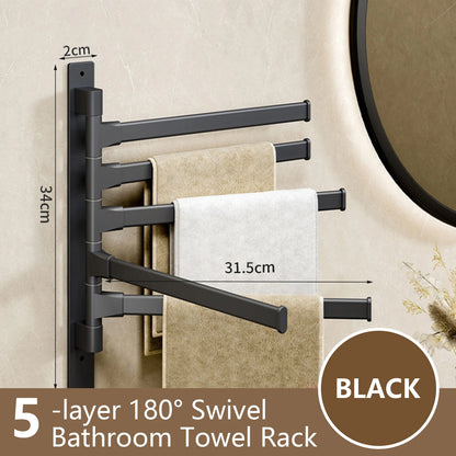 Five-layer 180 degree rotatable bathroom towel rack in black for efficient towel organization