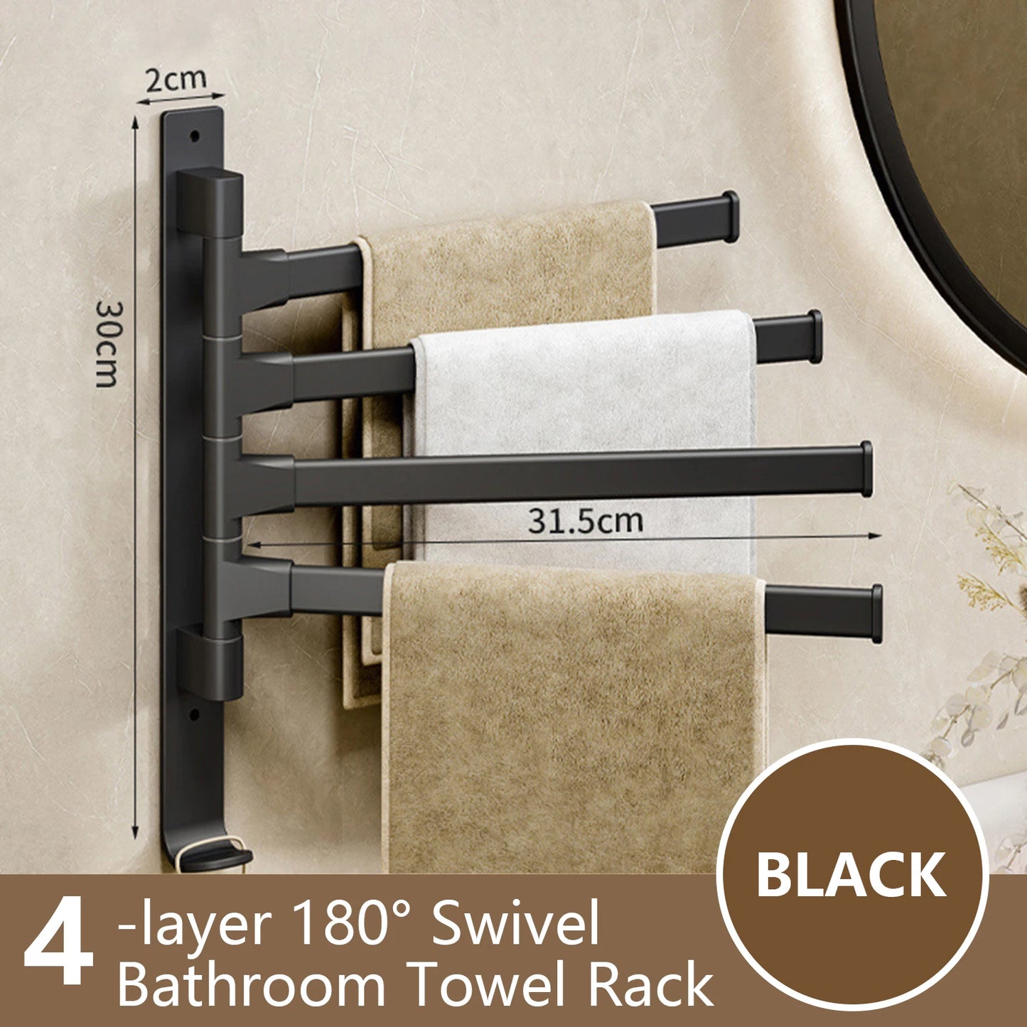 4-layer 180° swivel rotatable bathroom towel rack in black for efficient towel organization
