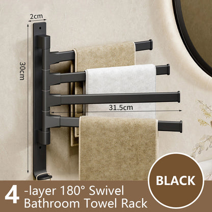 4-layer 180° swivel rotatable bathroom towel rack in black for efficient towel organization