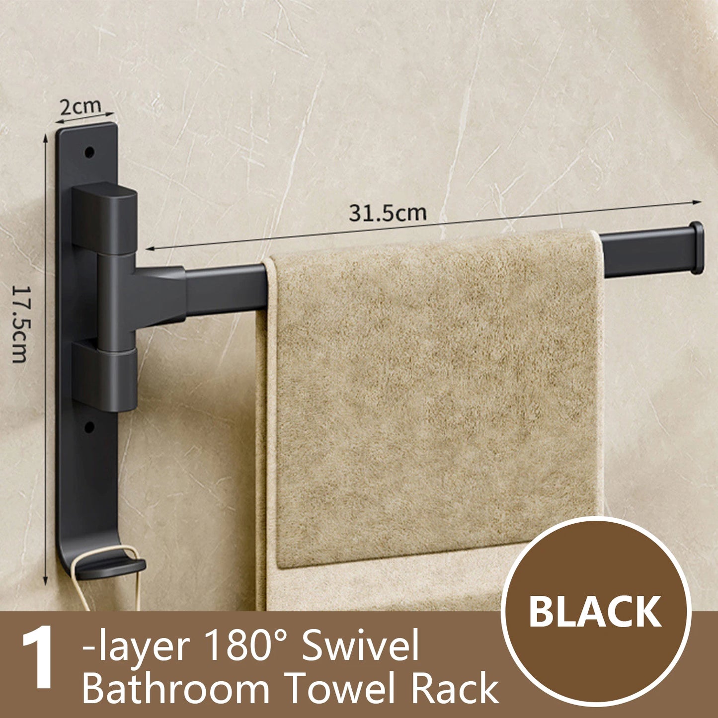 Nutshell rotatable bathroom towel rack in black with 180-degree swivel design for easy access