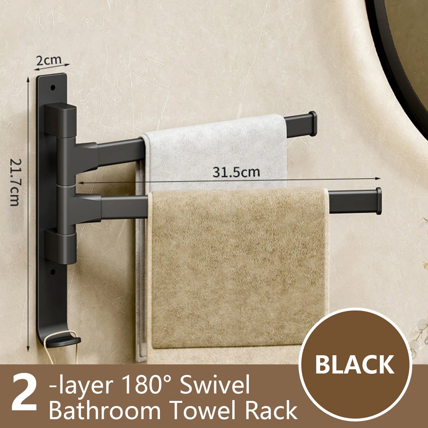 Black 2-layer 180° swivel bathroom towel rack with rotatable arms for space-saving convenience