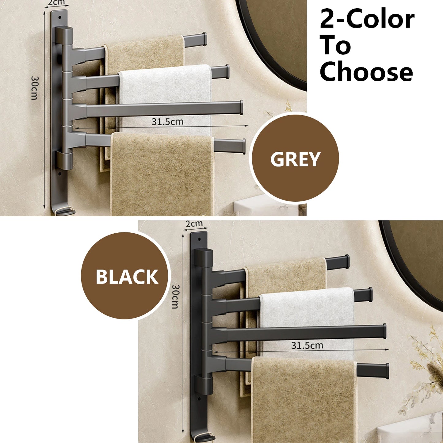 Nutshell rotatable bathroom towel rack available in grey and black for versatile storage options