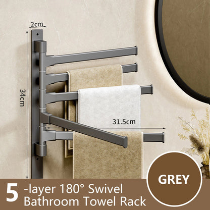 Grey 5-layer 180 swivel bathroom towel rack with rotatable arms for efficient towel storage
