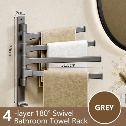 Grey 4-layer 180° swivel rotatable bathroom towel rack with multiple folding bars for space-saving storage