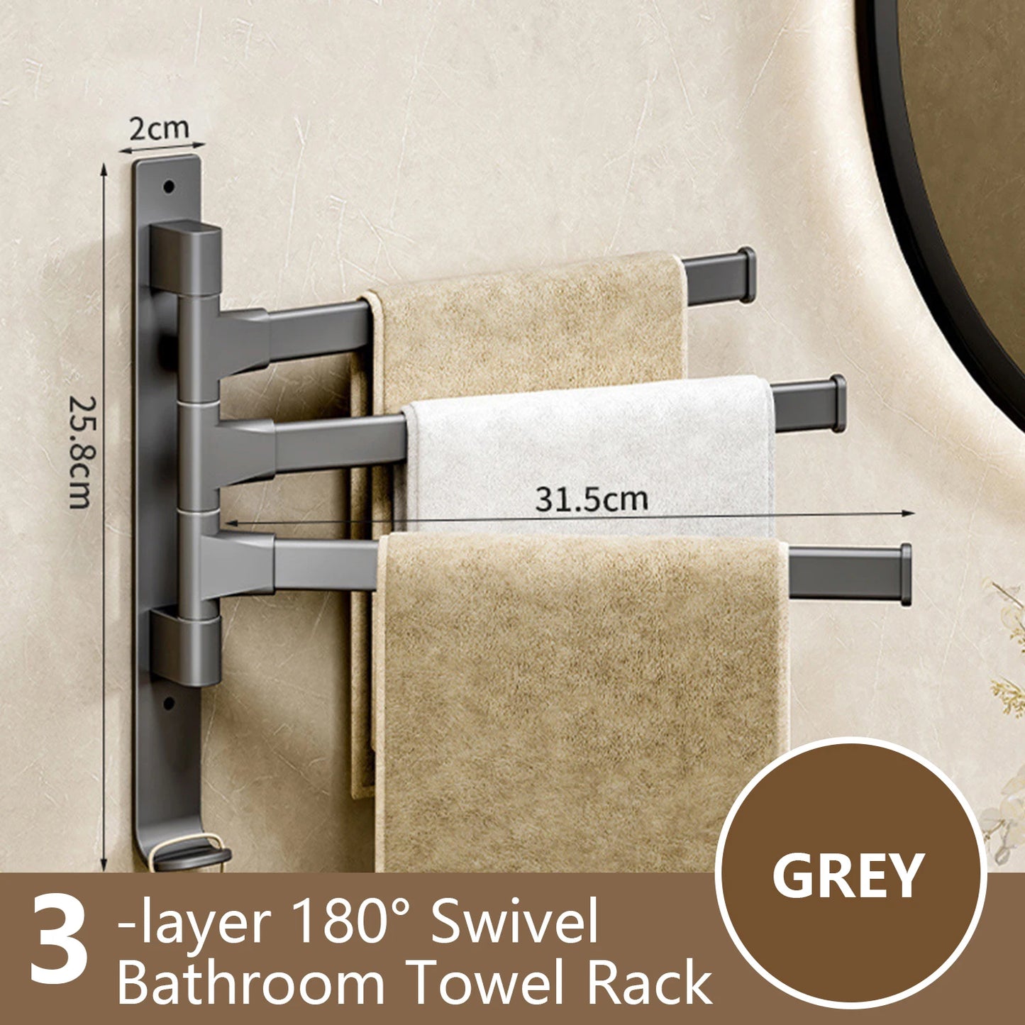 Grey 3-layer 180° swivel bathroom towel rack for efficient space use and easy towel access