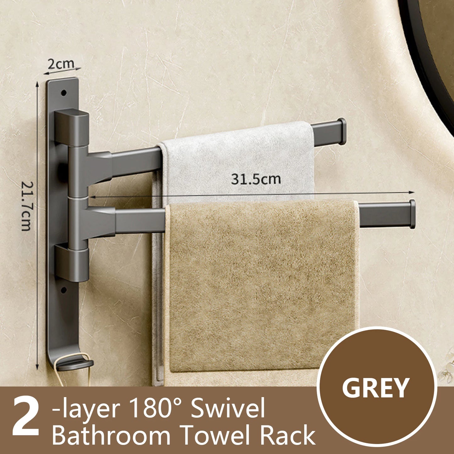 Grey rotatable bathroom towel rack with two layers and 180 degree swivel design for easy access