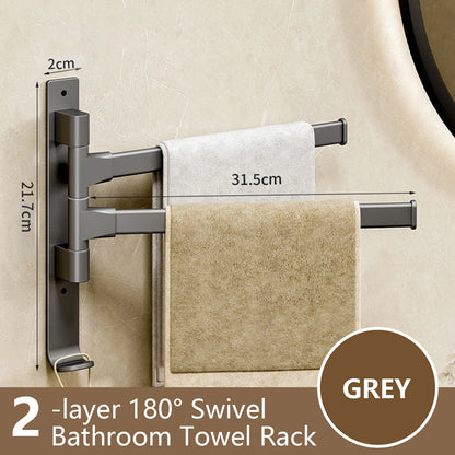 Grey rotatable bathroom towel rack with two layers and 180 degree swivel design for easy access