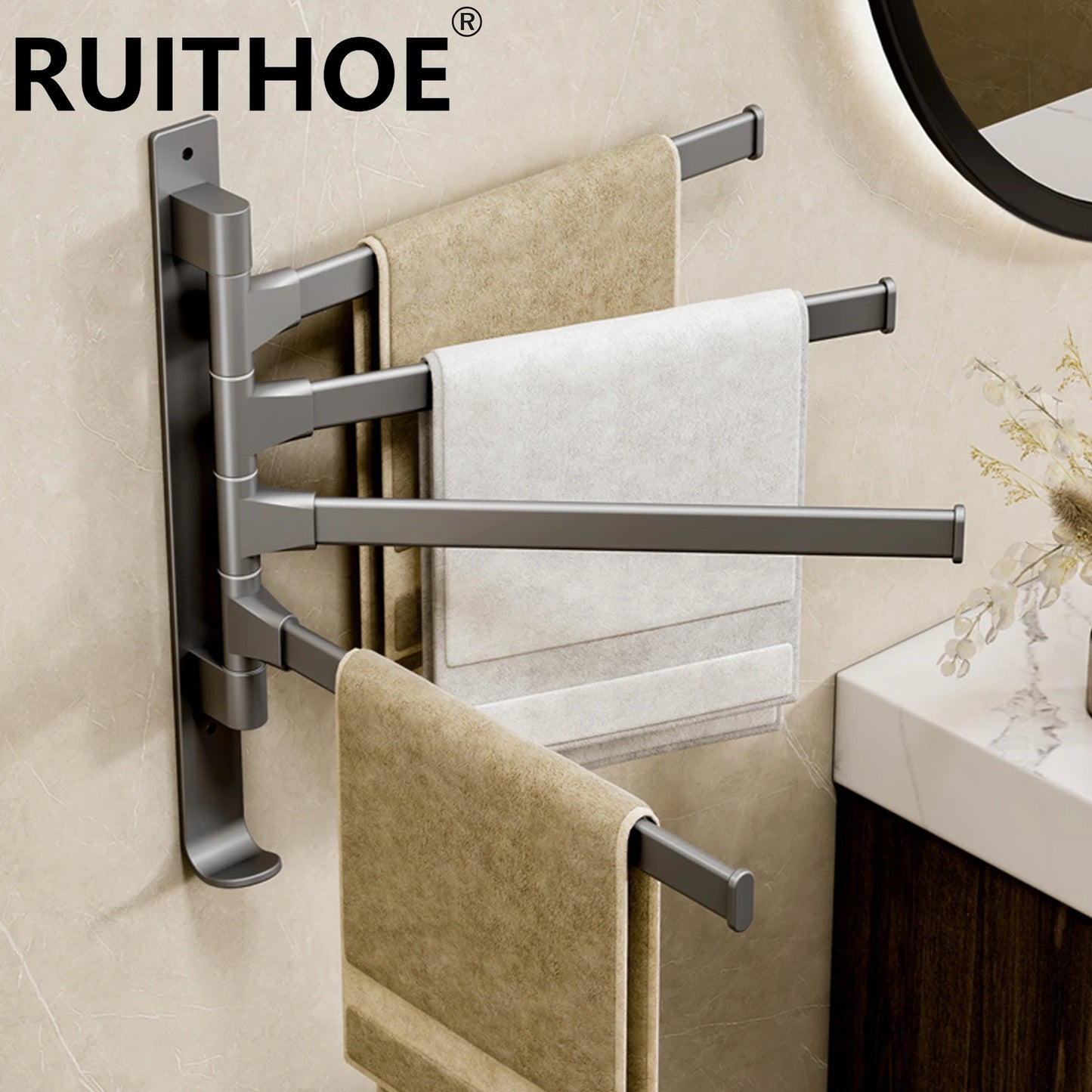 Stylish rotatable bathroom towel rack with multiple arms for easy access and space-saving storage