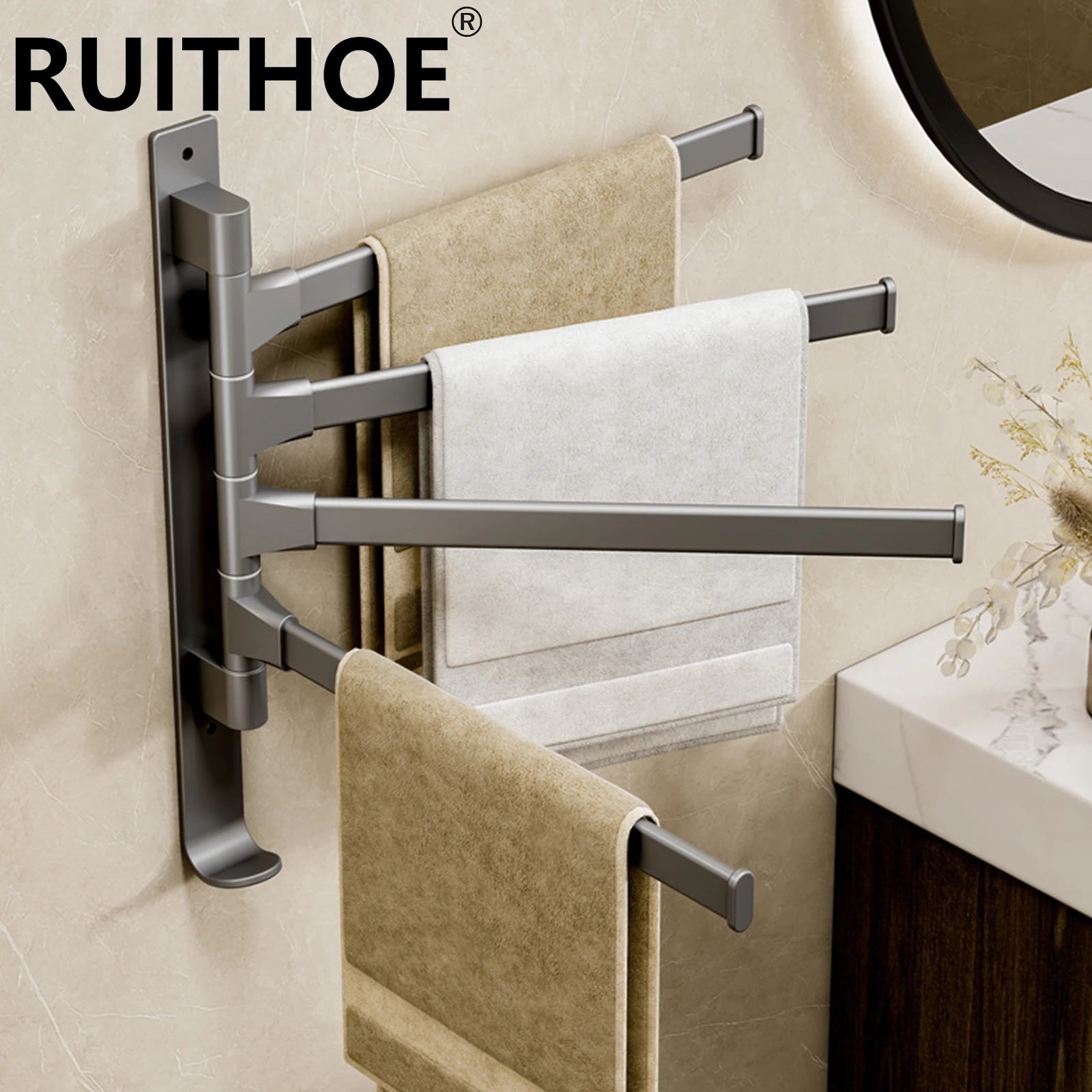 Stylish rotatable bathroom towel rack with multiple arms for easy access and space-saving storage