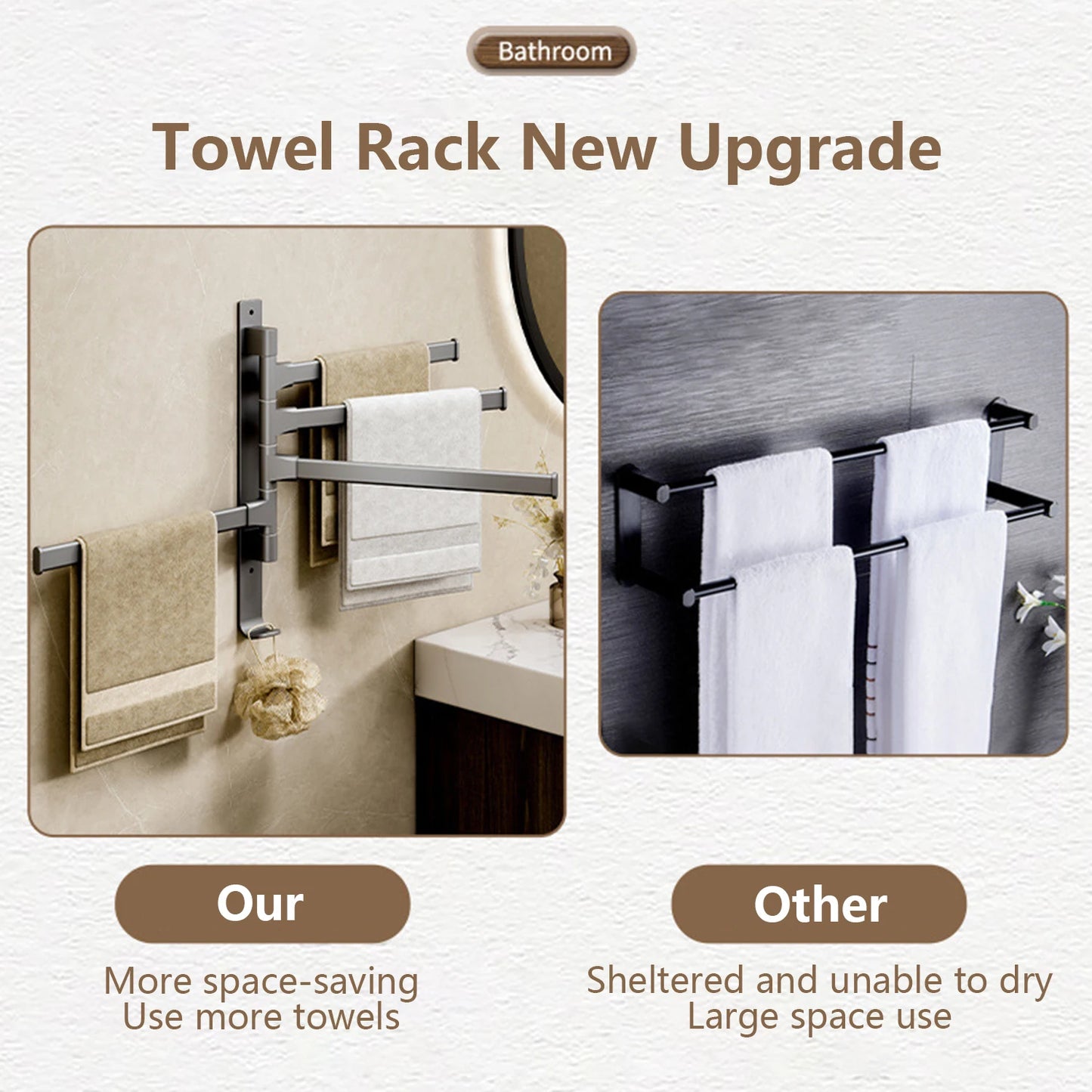 Nutshell rotatable bathroom towel rack showcasing space-saving design with multiple towels hanging