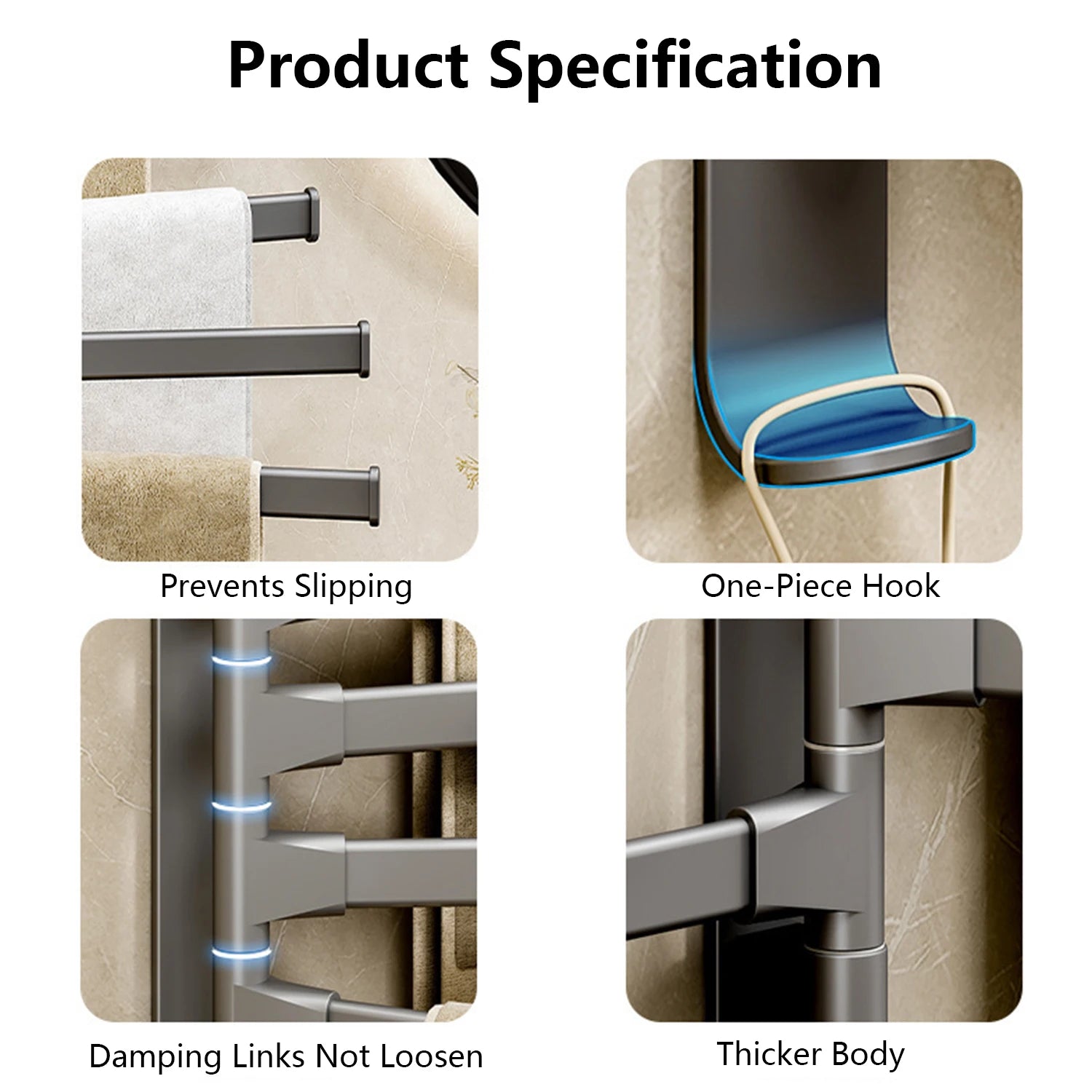 Nutshell rotatable bathroom towel rack featuring a thicker body and anti-slip design for secure towel hanging