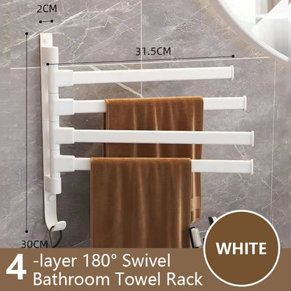 White 4-layer 180-degree swivel rotatable bathroom towel rack with hanging towels