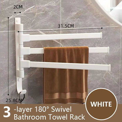 3-layer 180-degree rotatable bathroom towel rack in white with a brown towel hanging