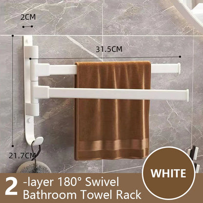 White rotatable bathroom towel rack featuring a 180-degree swivel design with two layers for convenient towel storage