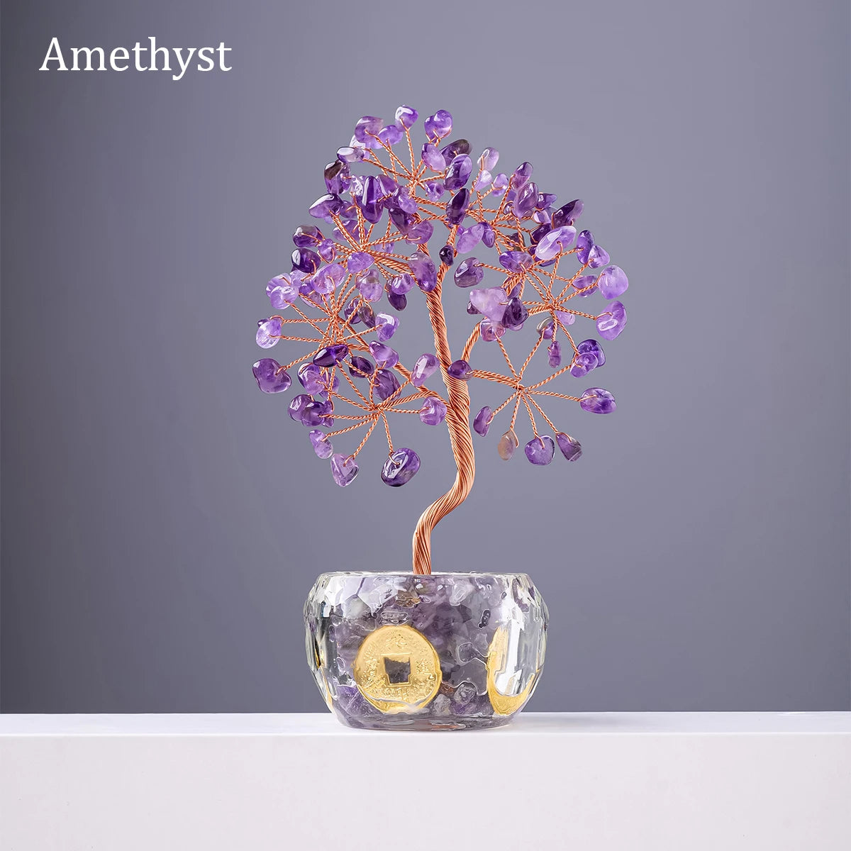 Nutshell 7 chakra healing crystal tree with amethyst stones and copper wire in clear crystal base
