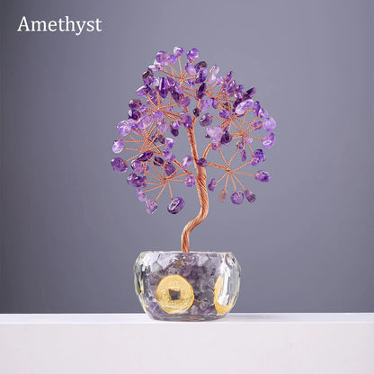Nutshell 7 chakra healing crystal tree with amethyst stones and copper wire in clear crystal base
