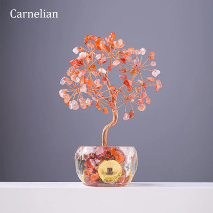 Nutshell carnelian 7 chakra healing crystal tree with orange stones and gold wire branches in clear base