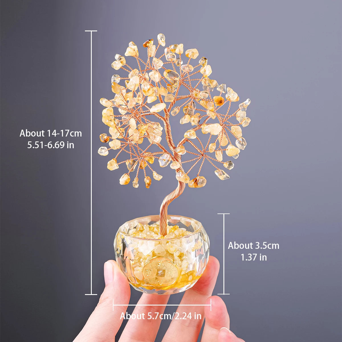 Nutshell 7 chakra healing crystal tree artificial plant with yellow crystals in a glass pot