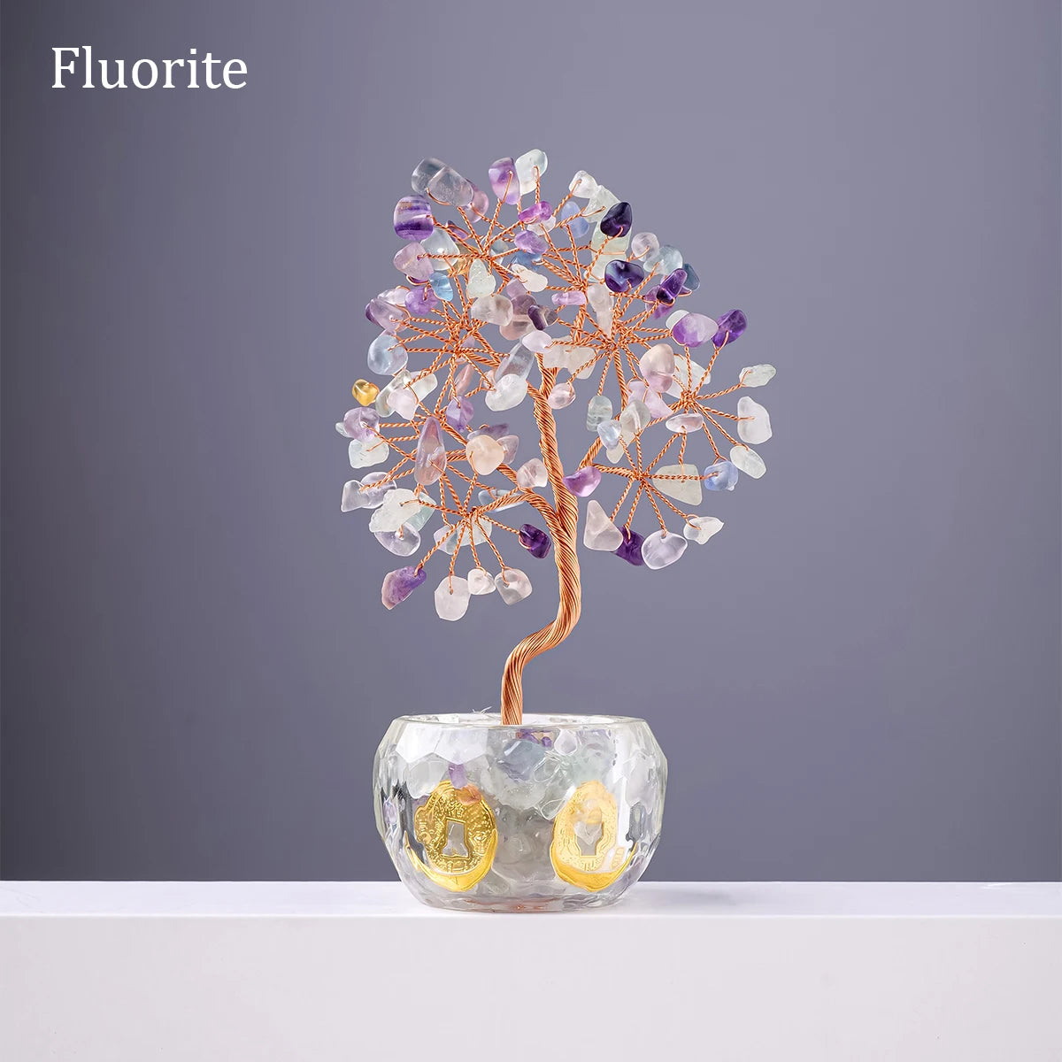 Nutshell 7 chakra healing crystal tree artificial plant with fluorite stones in clear decorative base