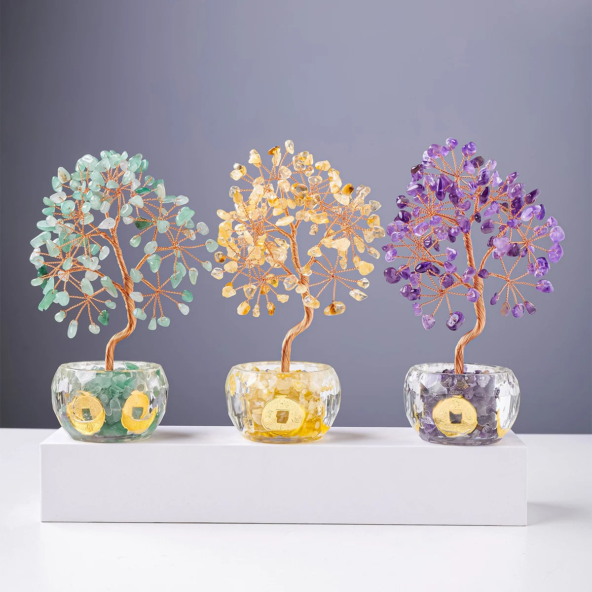 Nutshell artificial 7 chakra healing crystal tree set with green yellow and purple stones in clear bases