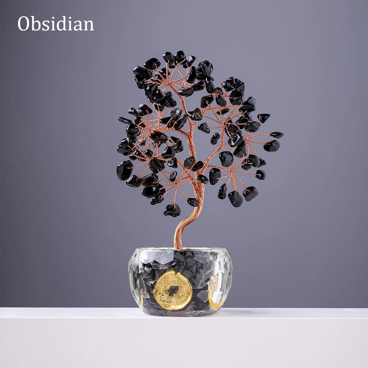 Nutshell artificial 7 chakra healing crystal tree with obsidian stones and decorative glass base
