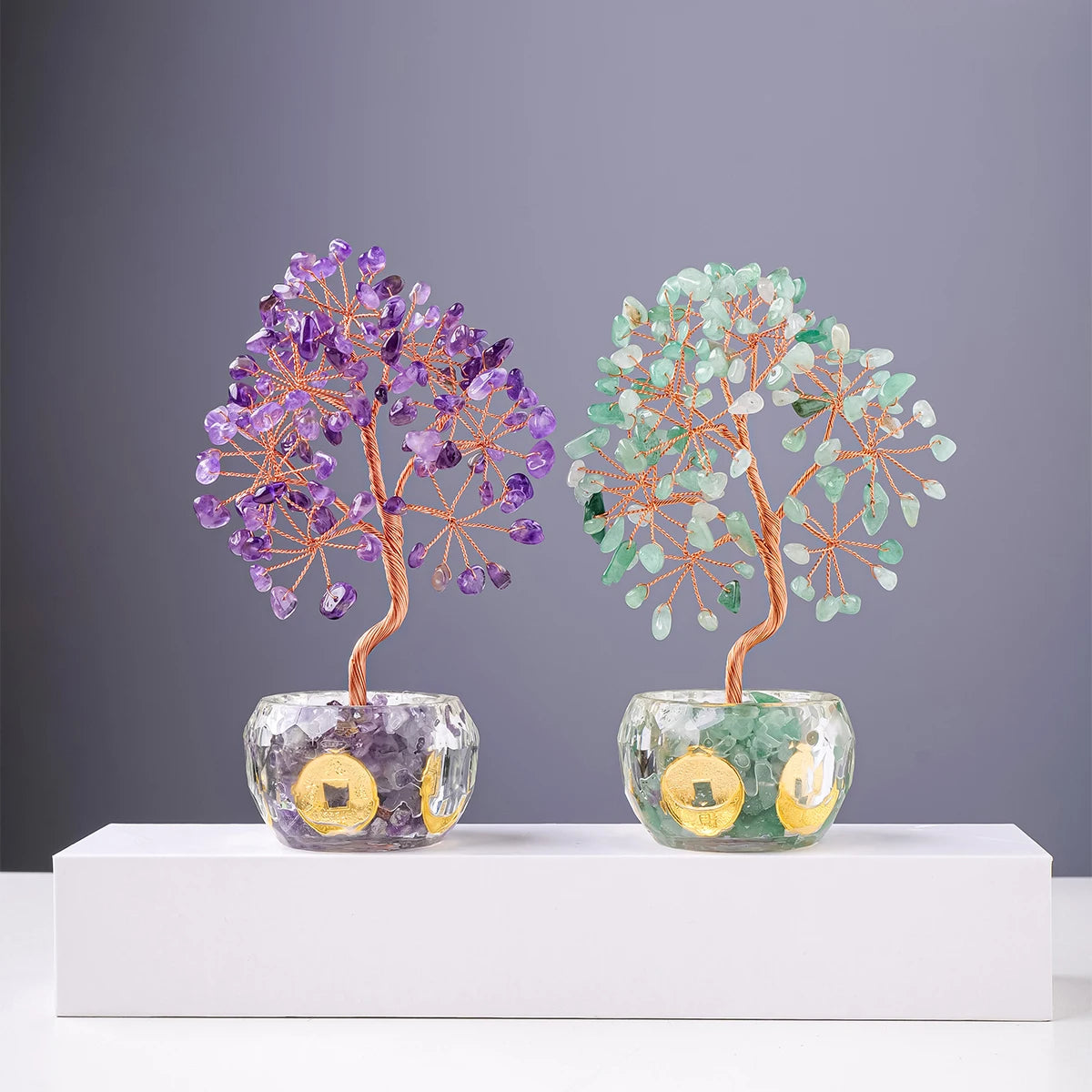Nutshell artificial plants featuring 7 chakra healing crystal tree with purple and green crystals in glass pots