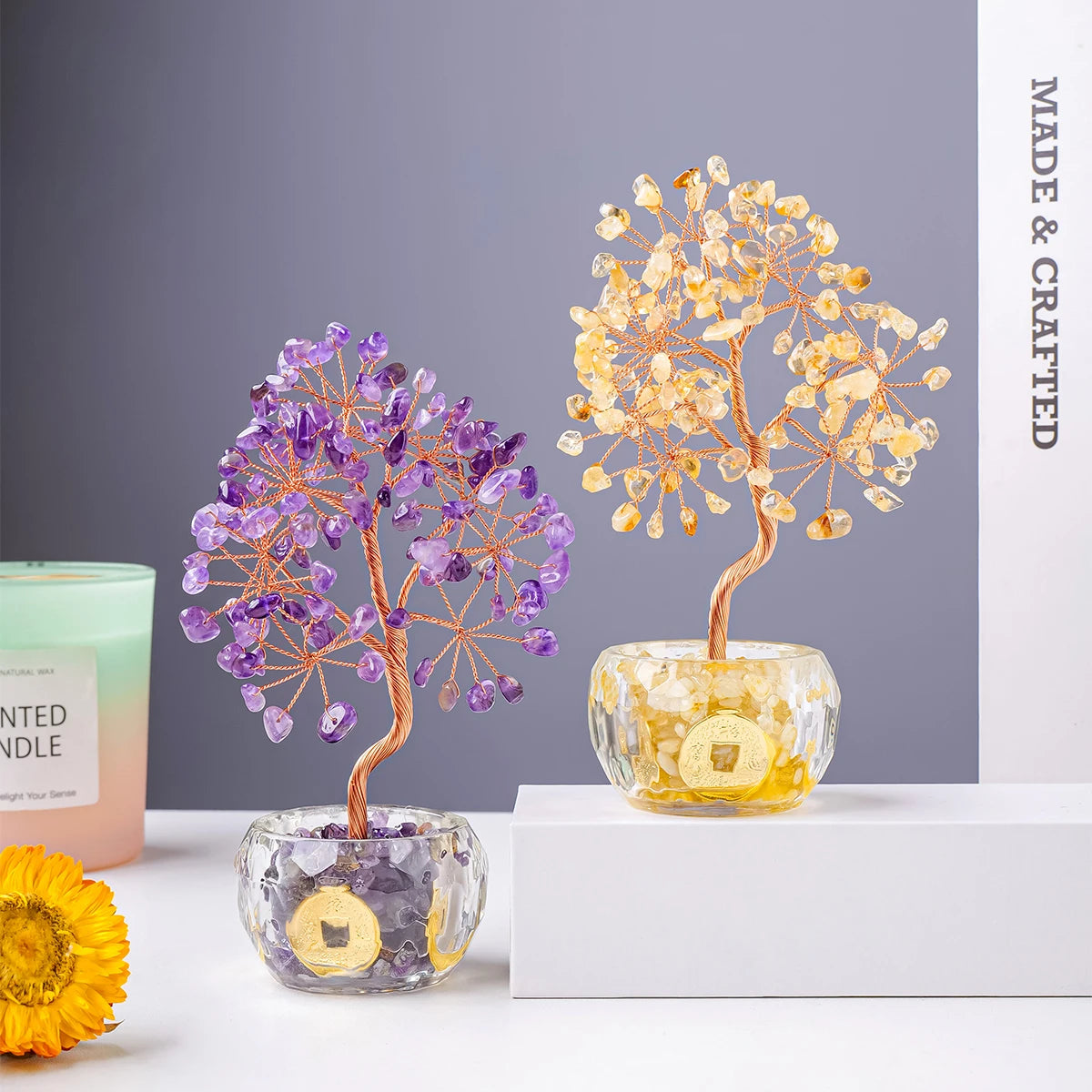 Nutshell 7 chakra healing crystal tree artificial plants with purple and yellow stones in glass pots