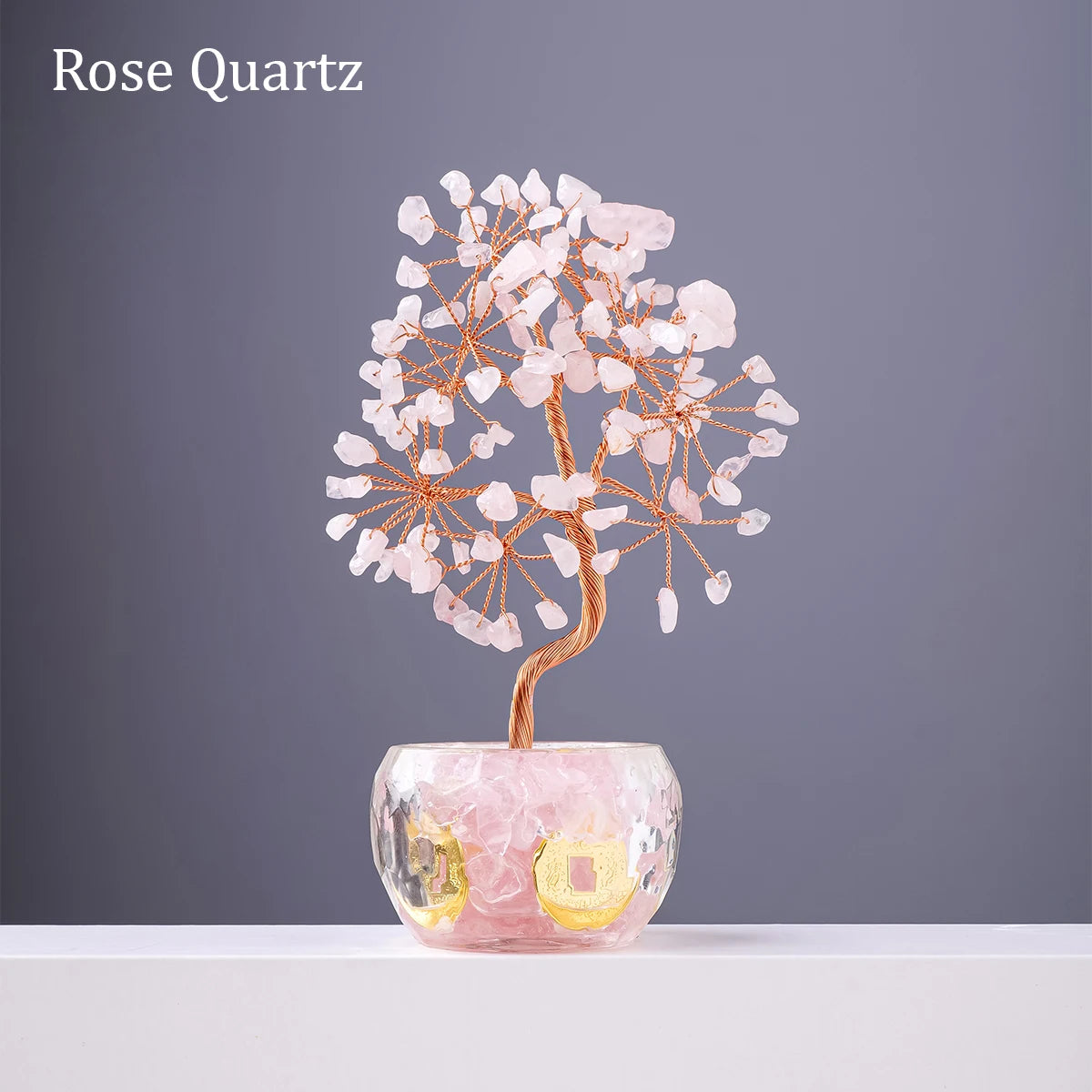 Nutshell rose quartz 7 chakra healing crystal tree artificial plant in decorative pot