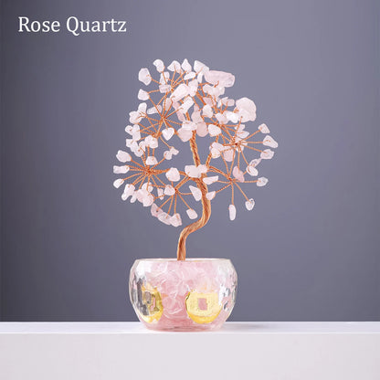 Nutshell rose quartz 7 chakra healing crystal tree artificial plant in decorative pot