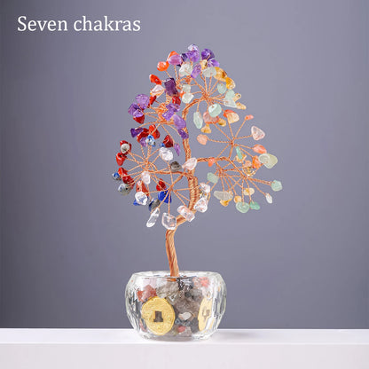 Nutshell 7 chakra healing crystal tree with colorful gemstone leaves and clear base for home decor