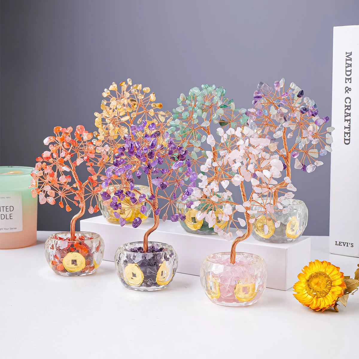 Nutshell artificial plants 7 chakra healing crystal tree set with colorful stones and copper wire branches