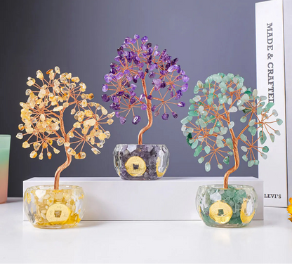 Nutshell 7 chakra healing crystal tree artificial plants with colorful gemstone leaves in decorative glass pots