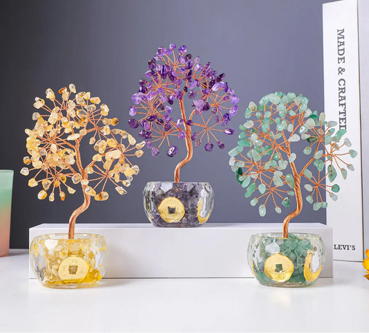 Nutshell 7 chakra healing crystal tree artificial plants with colorful gemstone leaves in decorative glass pots