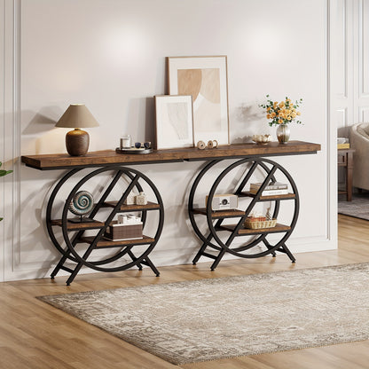 Rustic Brown Vintage Entryway Table with round shelves and a stylish wood finish in a modern living room