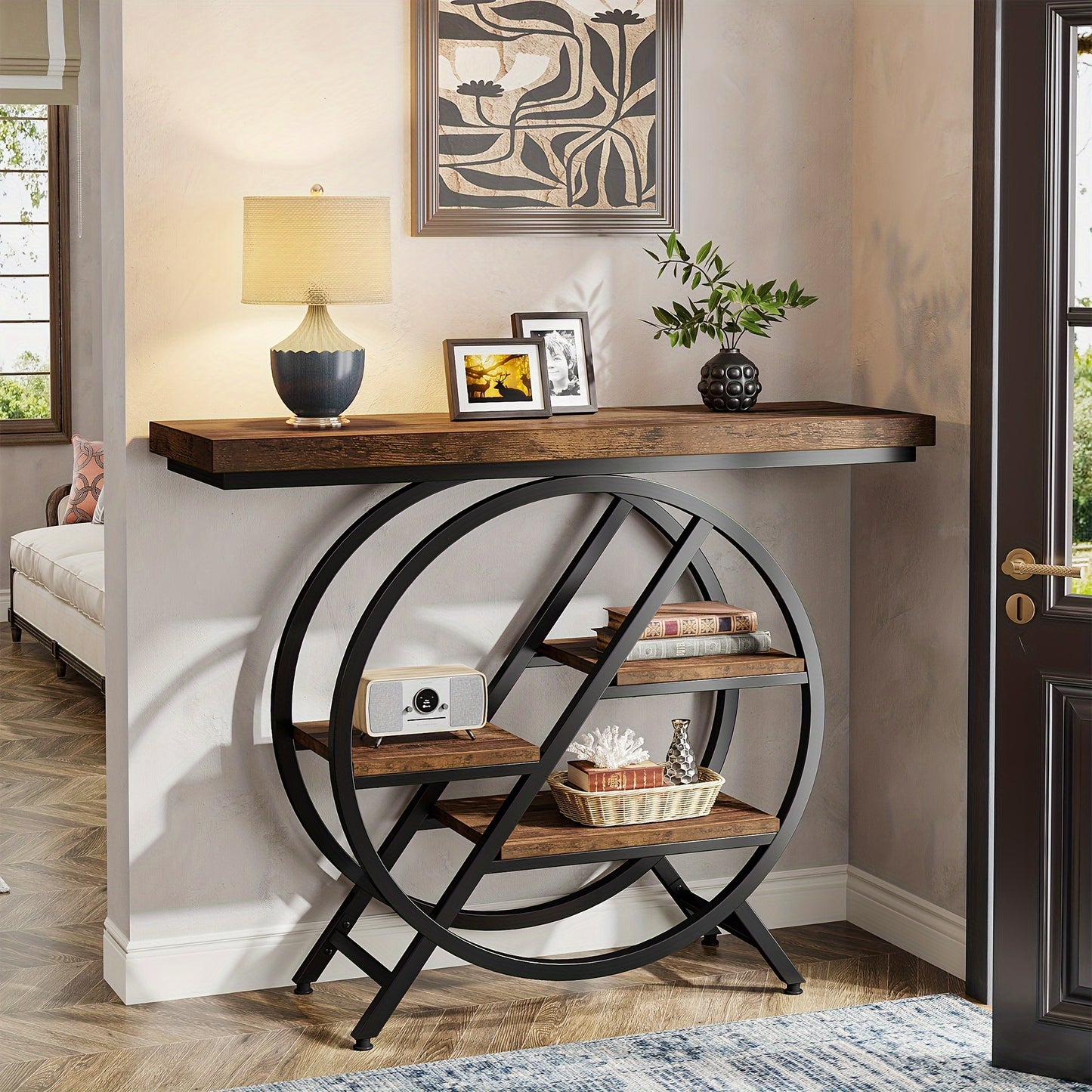 Rustic Brown Vintage Entryway Table with Circular Design and Shelves for Stylish Storage