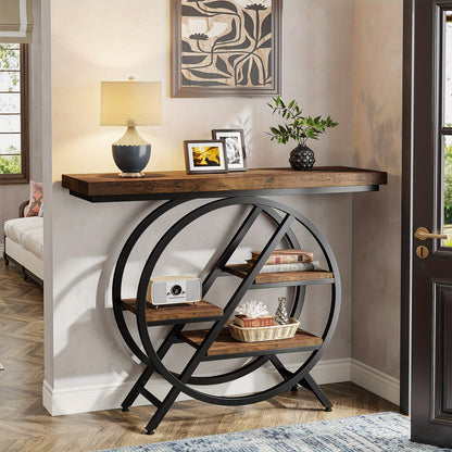 Rustic Brown Vintage Entryway Table with Circular Design and Shelves for Stylish Storage