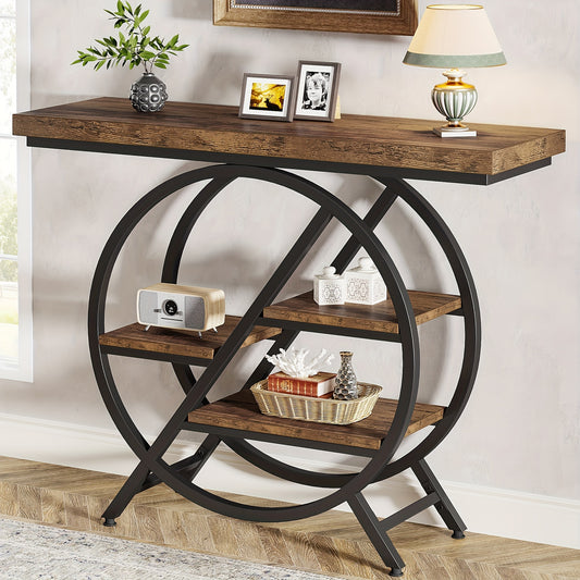 Rustic Brown Vintage Entryway Table with Metal Frame and Shelves for Stylish Storage