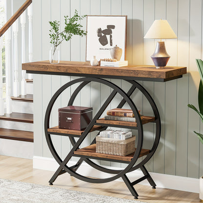 Rustic Brown Vintage Entryway Table with round metal base and wooden top for stylish storage