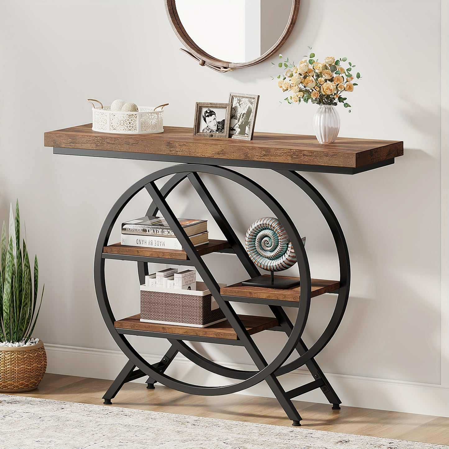 Rustic Brown Vintage Entryway Table with Black Metal Base and Open Shelves for Stylish Storage